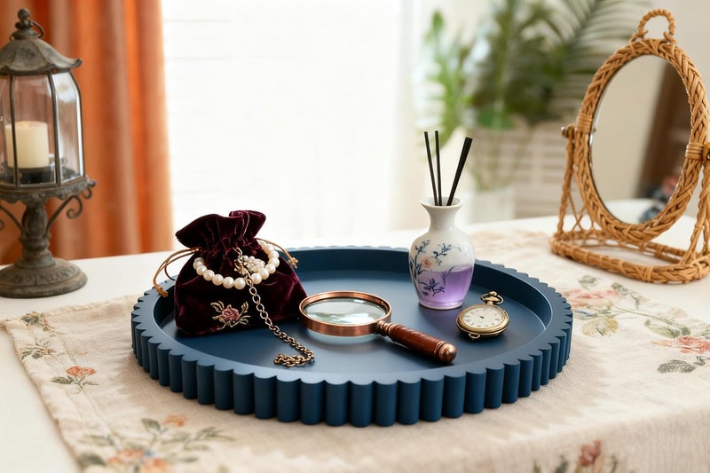 KULEDM Handmade 12in Decorative Tray for Coffee Table Tray Decor, Blue Wooden Decorative Round Tray for Kitchen, Living Room, Home Decor - Image 4